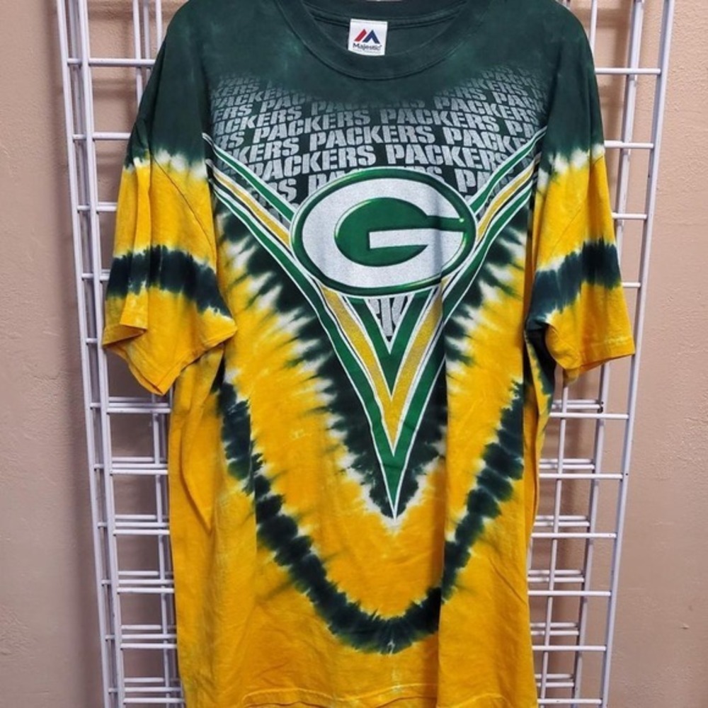 vintage y2k Green Bay Packers Green Yellow Tie Dye Majestic t-shirt